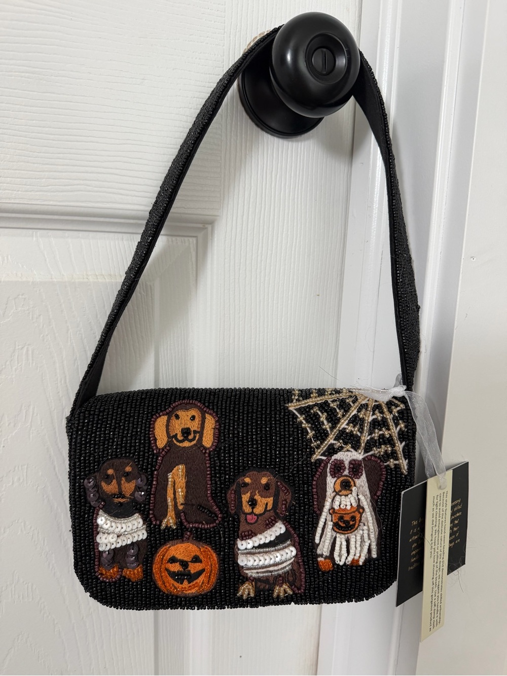 Black Beaded Mini Shoulder Bag with Halloween Dog Motif